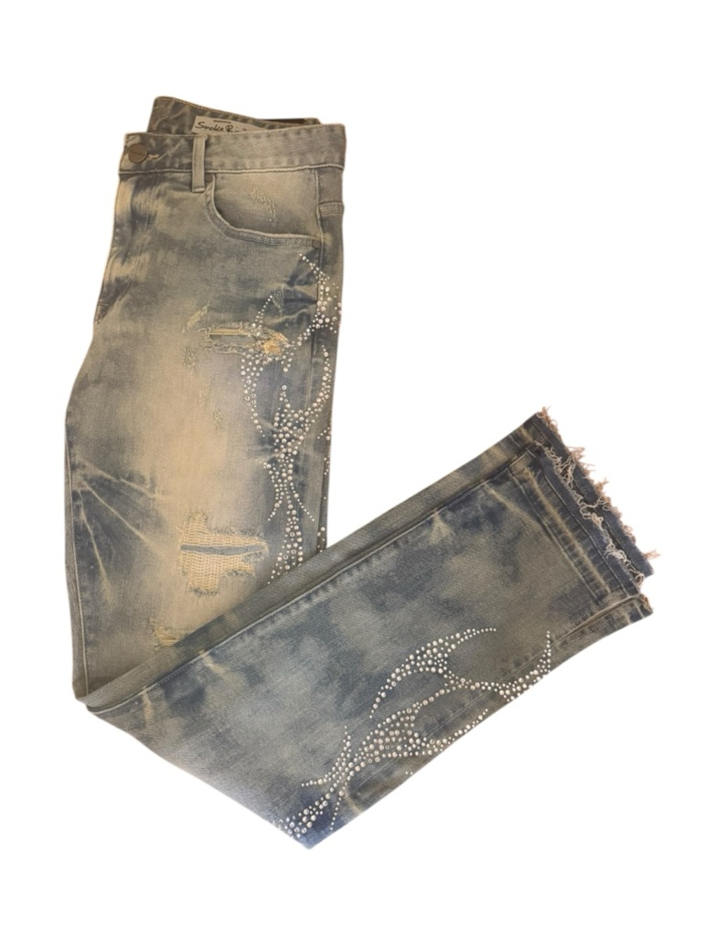 Men's Distressed Light Blue Straight Jeans with Rhinestone Flame Detail